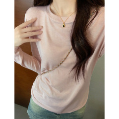 Shot Pink Soft and Chewy Face Mask Long Sleeve T-shirt for Women Early Autumn Solid Color Elastic Innerwear Cashmere Base Top