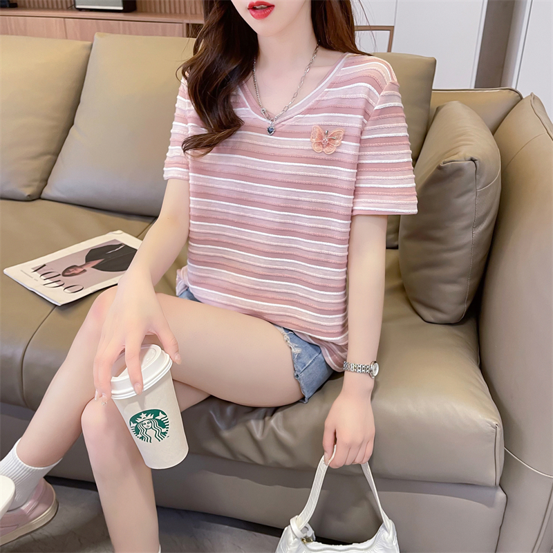 Actual shot of summer Korean style loose pure cotton back bag collar POLO collar striped three-dimensional butterfly large size short-sleeved T-shirt for women