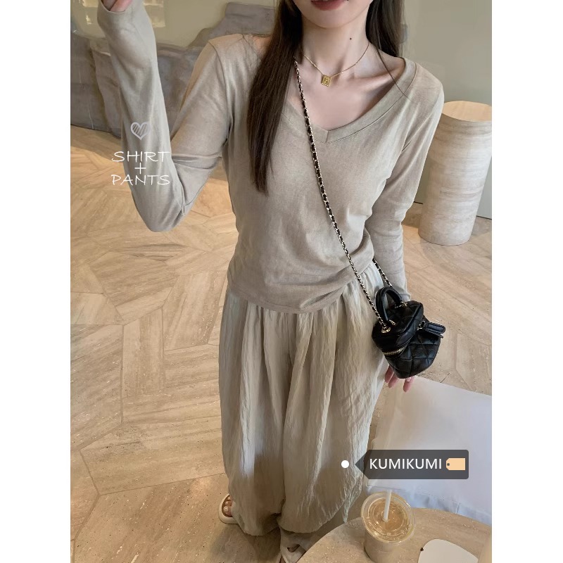 已出貨 韓系簡約風v領咖色光版顯瘦百搭春季新款長袖t恤女