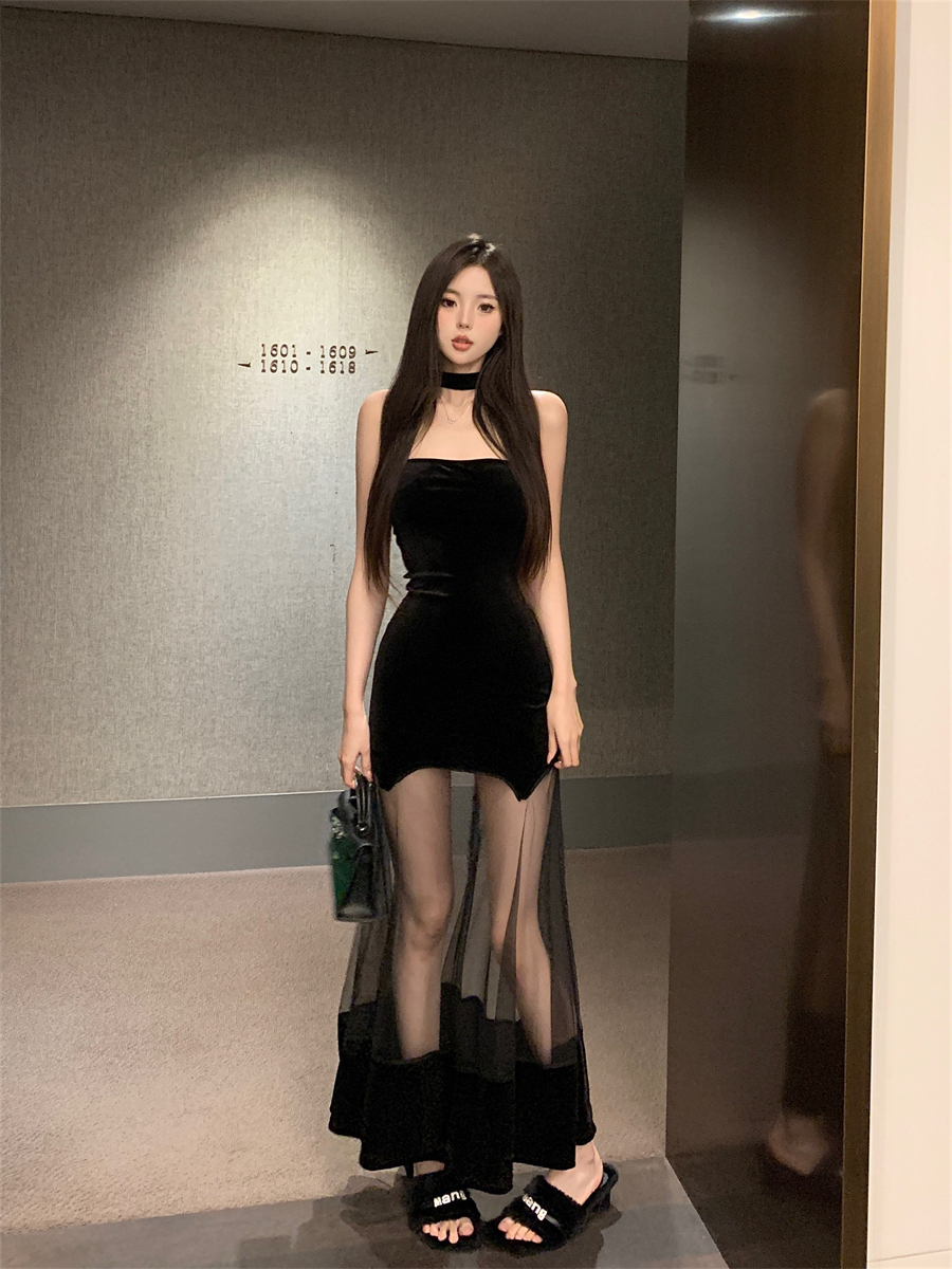 Real shot ~ Temperament hot girl gauze design tube top dress female pure desire sexy backless slim long dress
