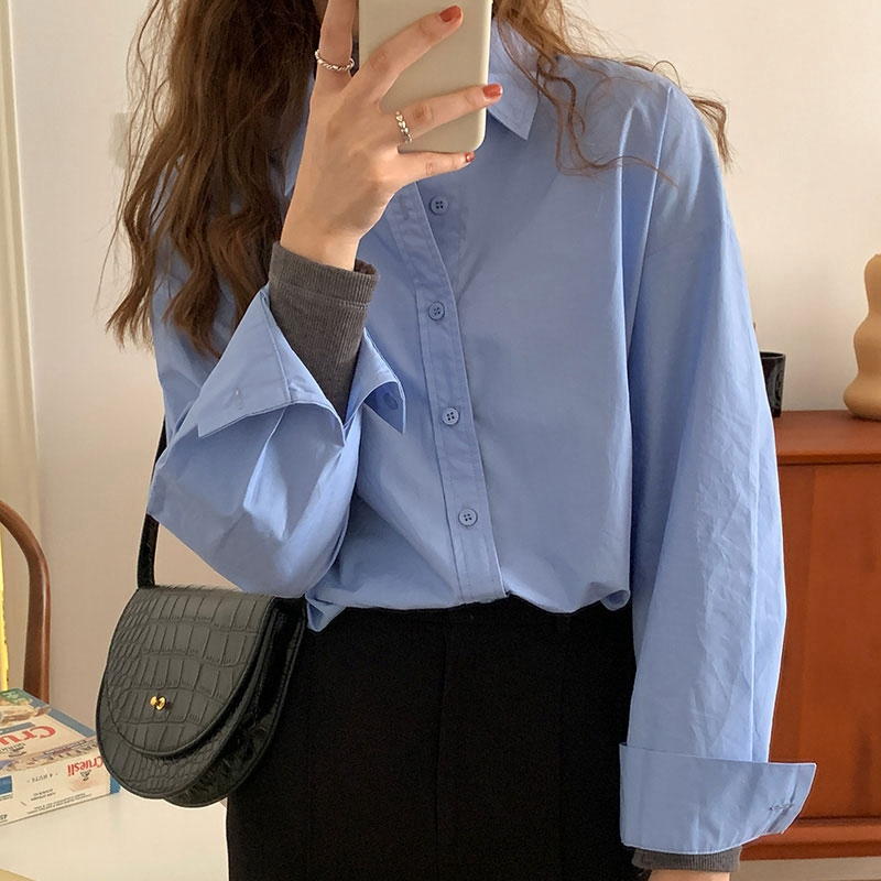 Blue shirt women's design niche shirt French waist small shirt tops for small people autumn 2024 new style