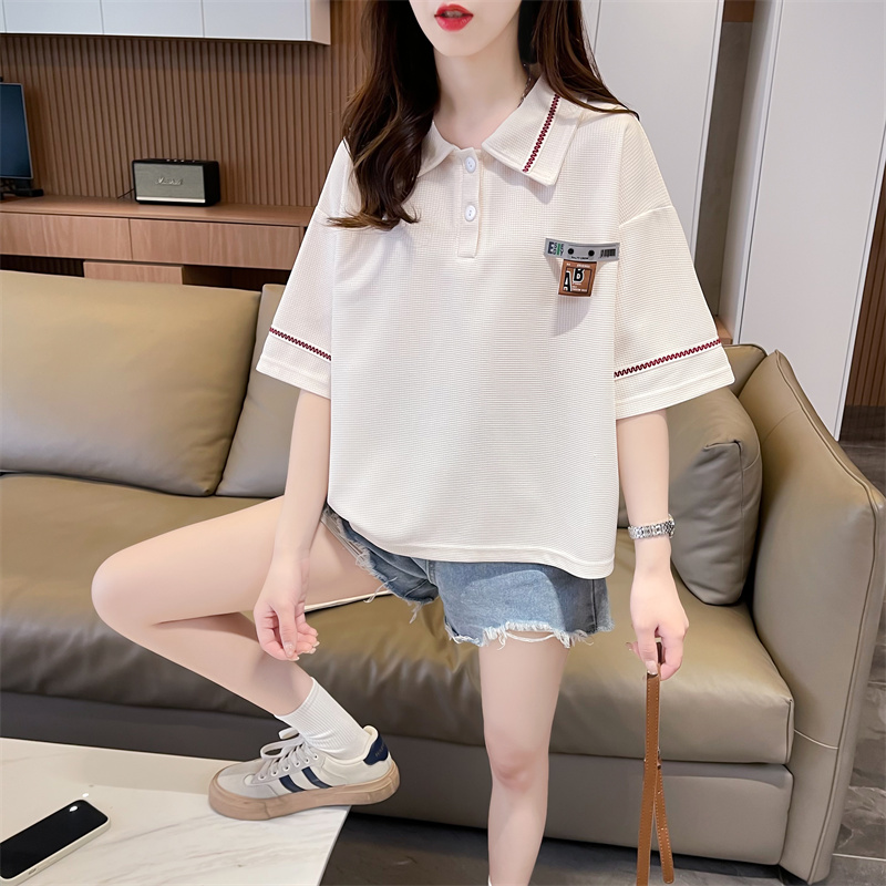 實拍 夏季韓版寬鬆後包領華夫格POLO領貼標大碼短袖T恤女