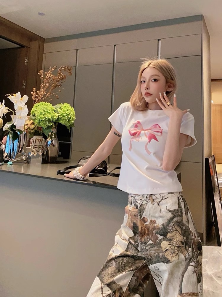 蝴蝶結短袖美式正肩T恤女修身設計感小眾甜辣妹bm風小上衣短款夏
