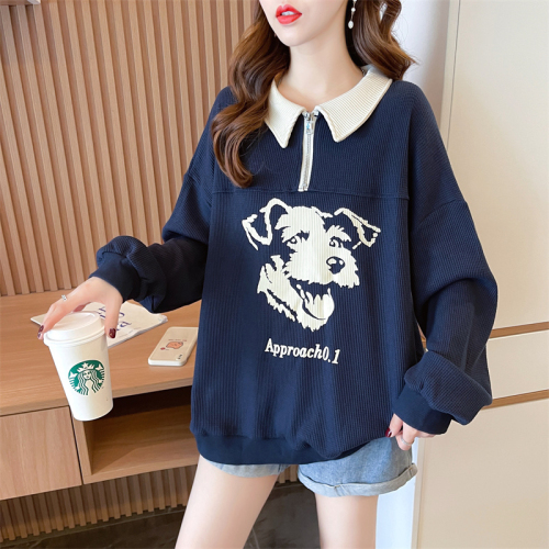 Actual shot of spring Korean style loose waffle POLO collar cartoon print mid-length large size thin sweatshirt for women