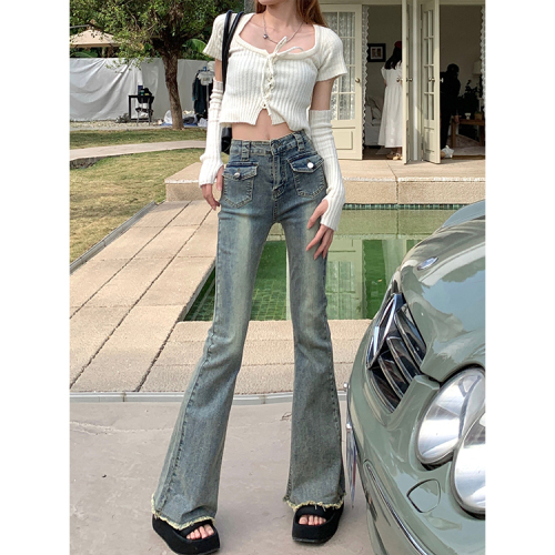 Real shot of high-waisted elastic hottie denim bootcut pants for women