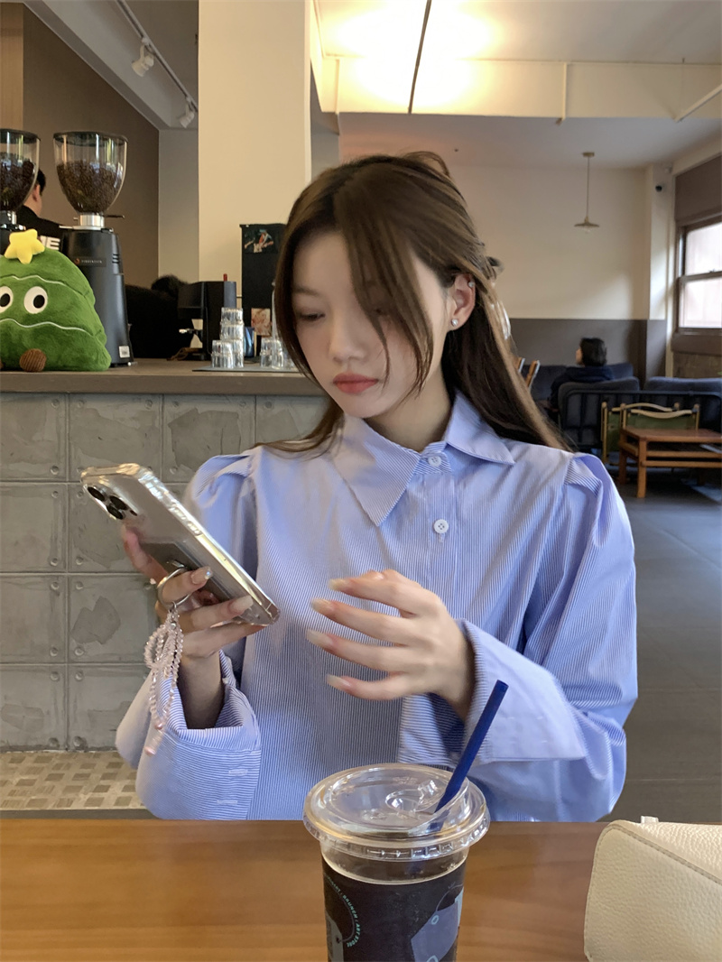 Actual shot ~ blue French striped puff sleeve shirt for women in spring and autumn design niche high-end long sleeve
