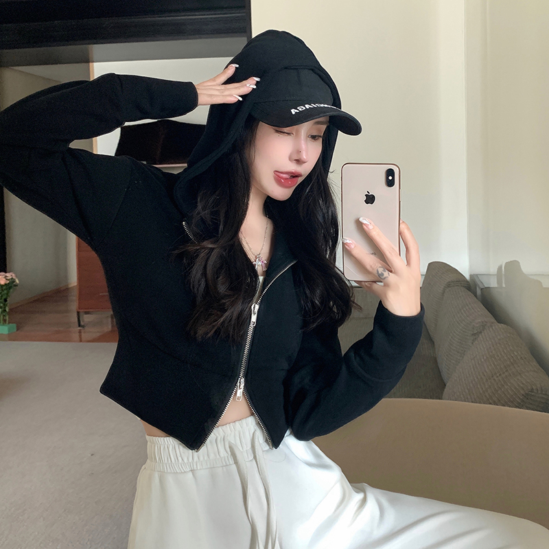 Real shot design niche double zipper hooded short coat for women early spring 2024 new small sweatshirt top