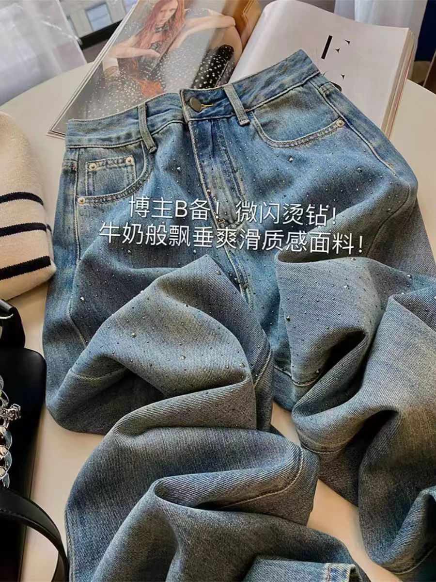 博主B備！亮閃閃燙鑽復古立體剪裁垂順有型長腿顯瘦闊腿牛仔褲女