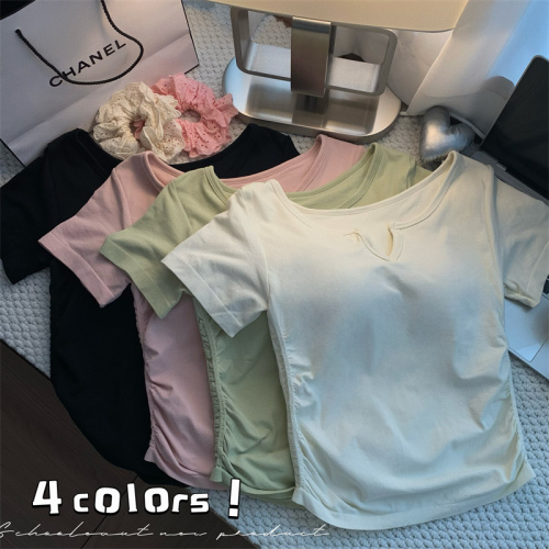Actual shot of the new spring and summer versatile candy-colored waist slimming v-tie chest pad for inner wear and outer wear T-shirt large size