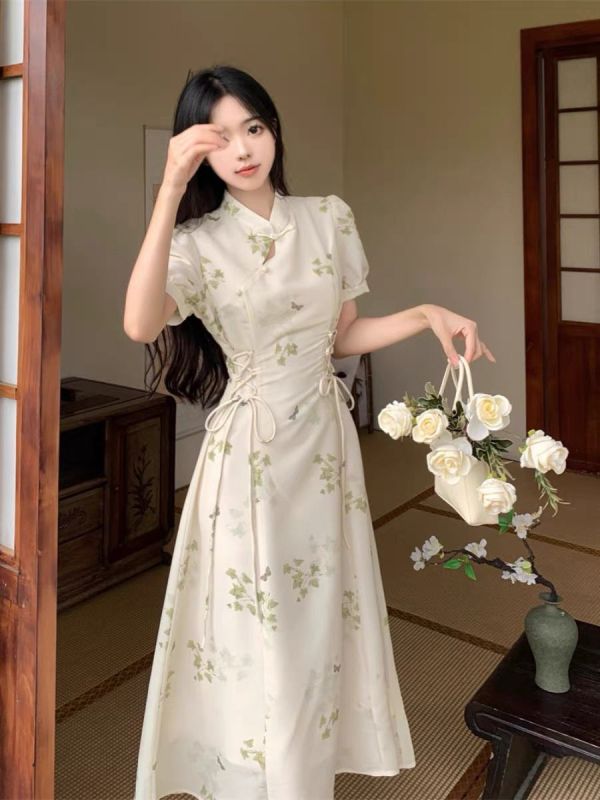 夏季復古新中式改良小清新碎花綁帶收腰連衣裙大碼顯瘦氣質長裙子