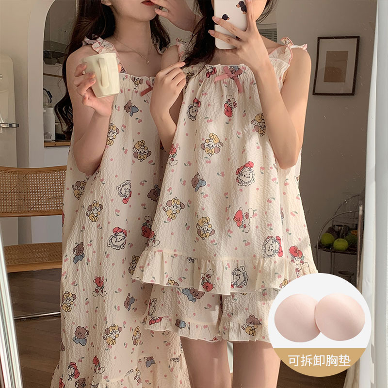 帶胸墊睡衣女夏季2024新款吊帶睡裙皺布家居服甜美可愛網紅可外穿