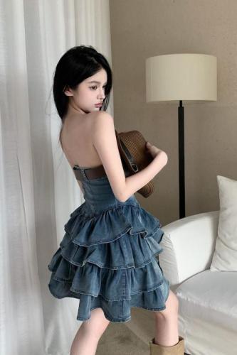 Actual shot Korean style slimming retro washed denim tube top waist puffy cake skirt dress