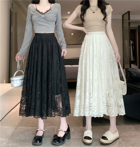 Actual shot of lace skirt women's new high-waisted gauze skirt slimming wide swing skirt A-line long skirt