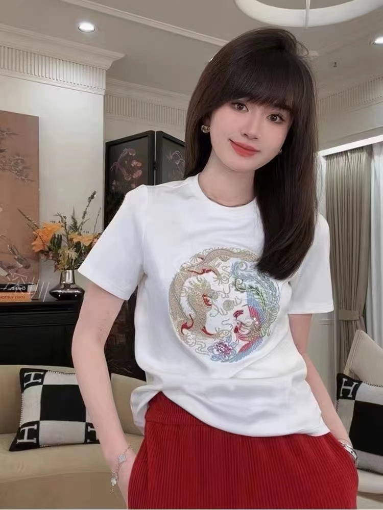 新中式國風復古龍紋刺繡短袖t恤女2024新款百搭顯瘦圓領打底上衣