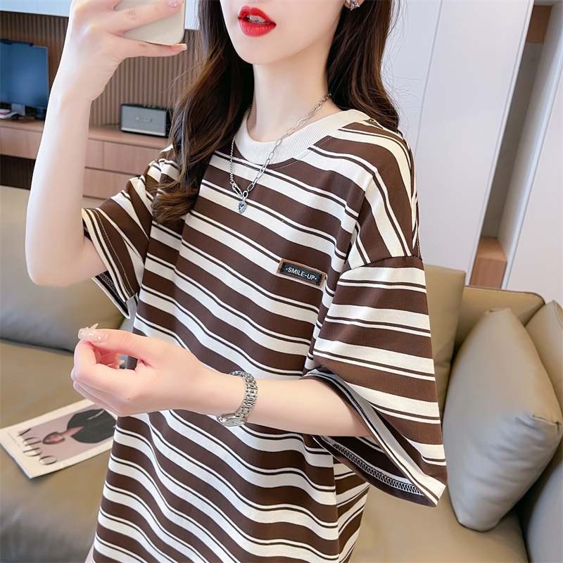Real shot summer Korean style loose cotton back wrap collar round neck striped cartoon embroidery large size short-sleeved T-shirt for women