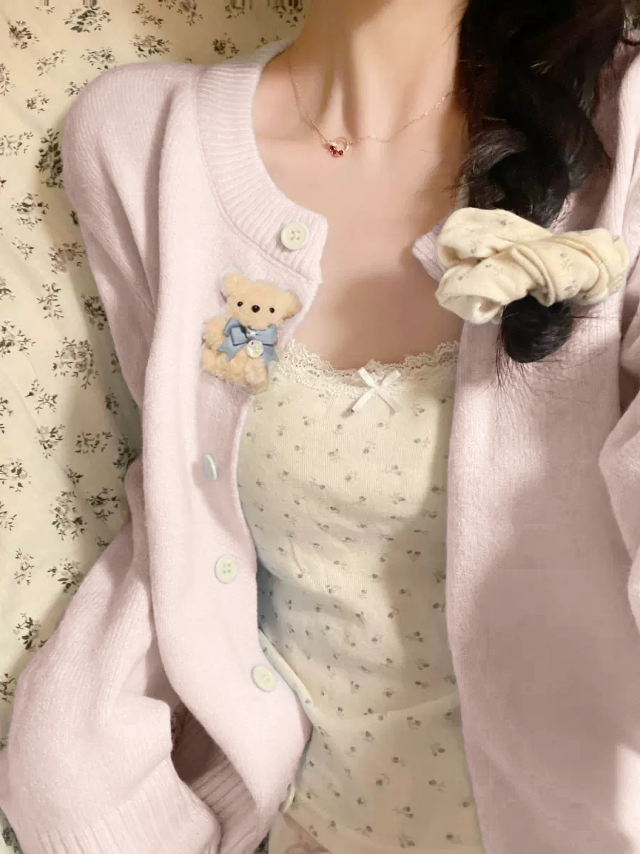 粉色開衫毛衣外套女2024秋季新款溫柔風簡約針織衫高級感軟糯上衣