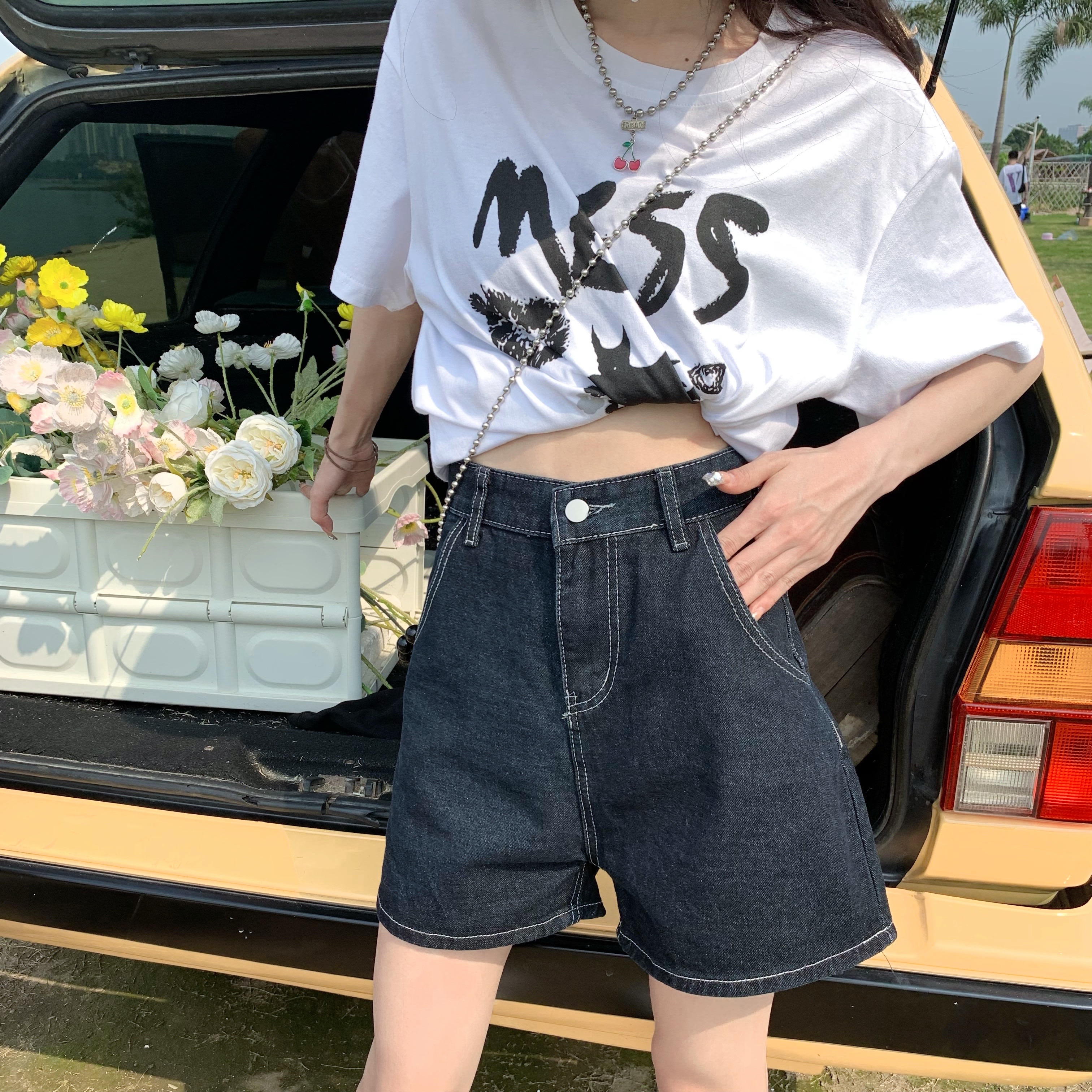 實拍#韓版牛仔褲夏季大碼寬鬆顯瘦百搭深藍色高腰闊腿牛仔短褲女