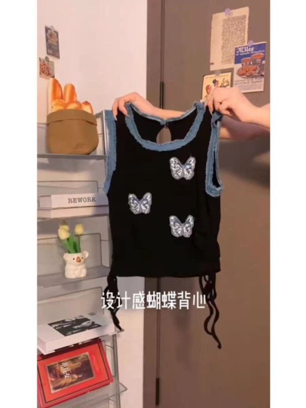 美式蝴蝶牛仔貼布抽繩綁帶背心女夏季新款甜酷辣妹顯瘦短款上衣服