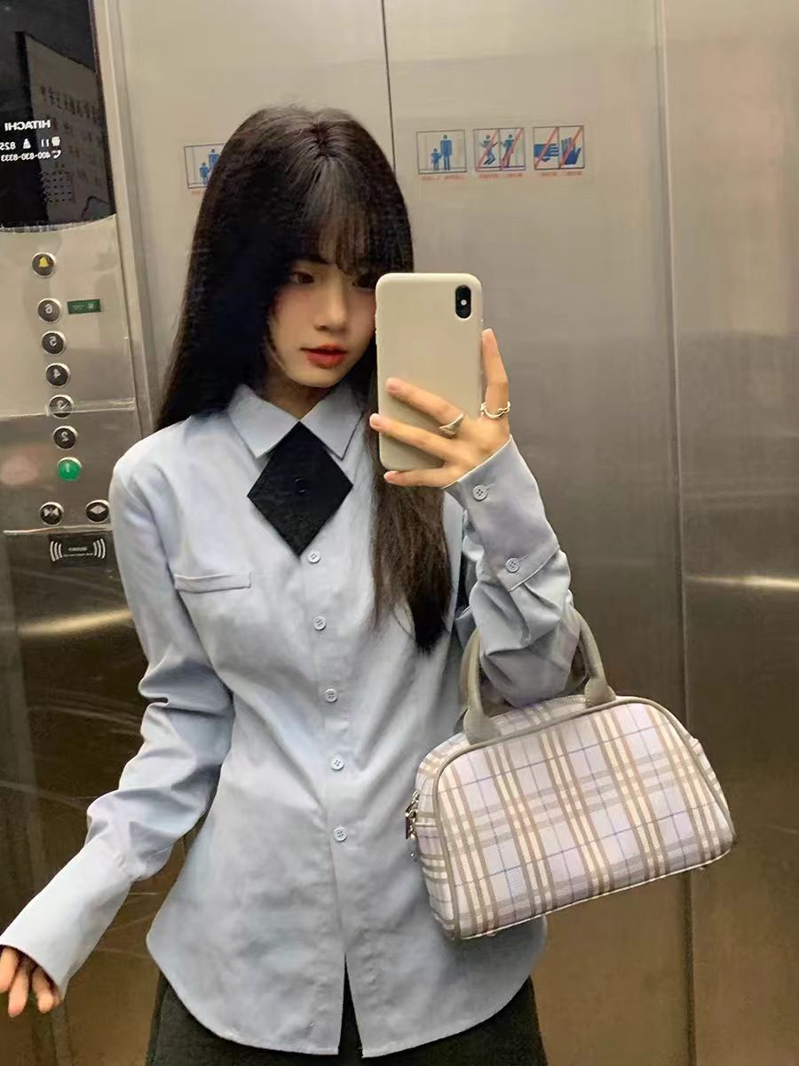 小仙倪子藍色襯衫女2024新款春款法式獨特設計感上衣小衫長袖襯衣