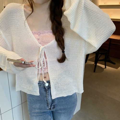 Real shot summer solid color versatile Korean style large size knitted sun protection cardigan for women spring and autumn ice silk thin sweater jacket