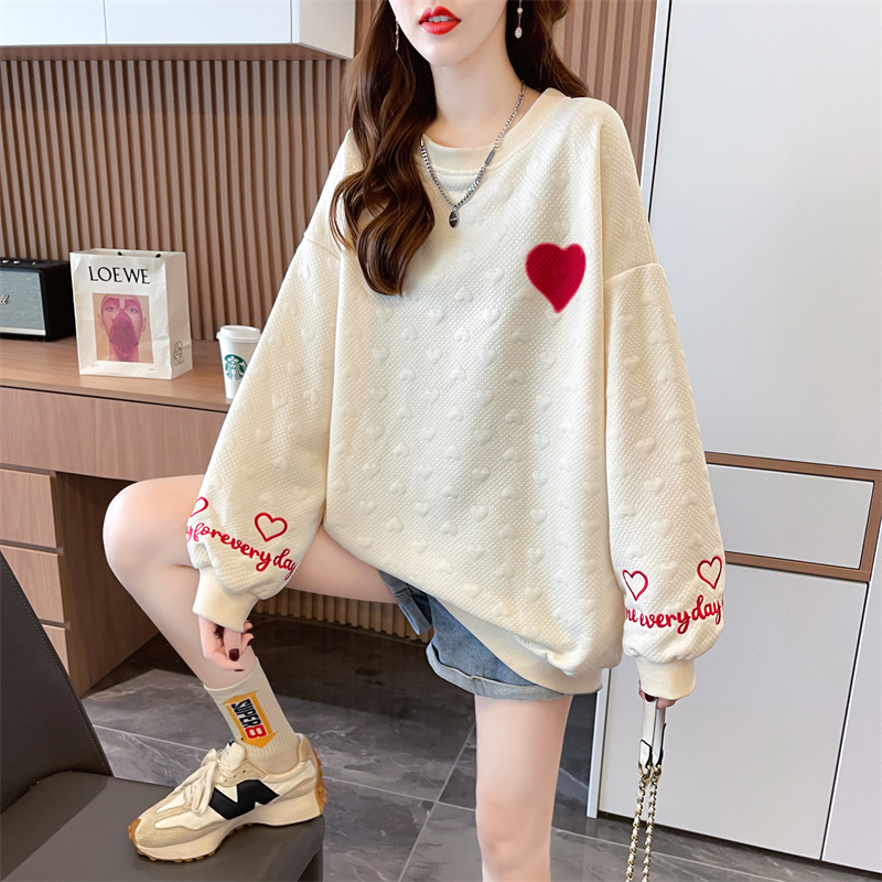 實拍 2024春季韓版寬鬆260克提花刺繡中長款大碼女裝薄款衛衣女