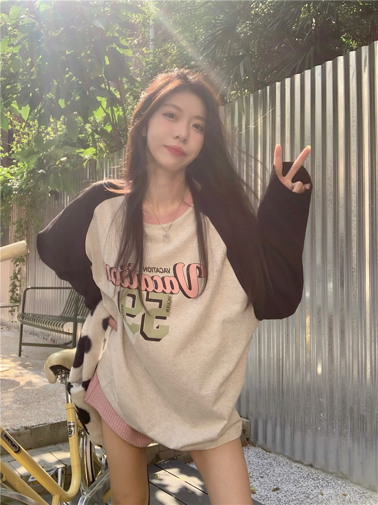 實拍~大碼撞色長袖T恤女春季寬鬆美式復古圓領字母印花上衣潮