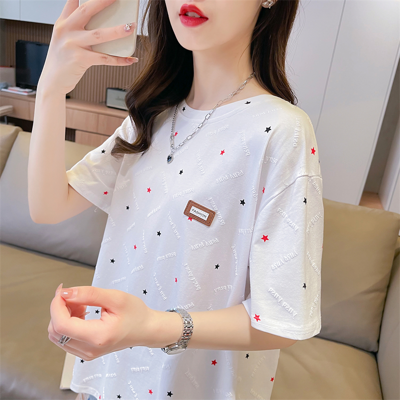 Real shot original quality summer Korean version loose round neck label printing mid-length large size short-sleeved T-shirt for women