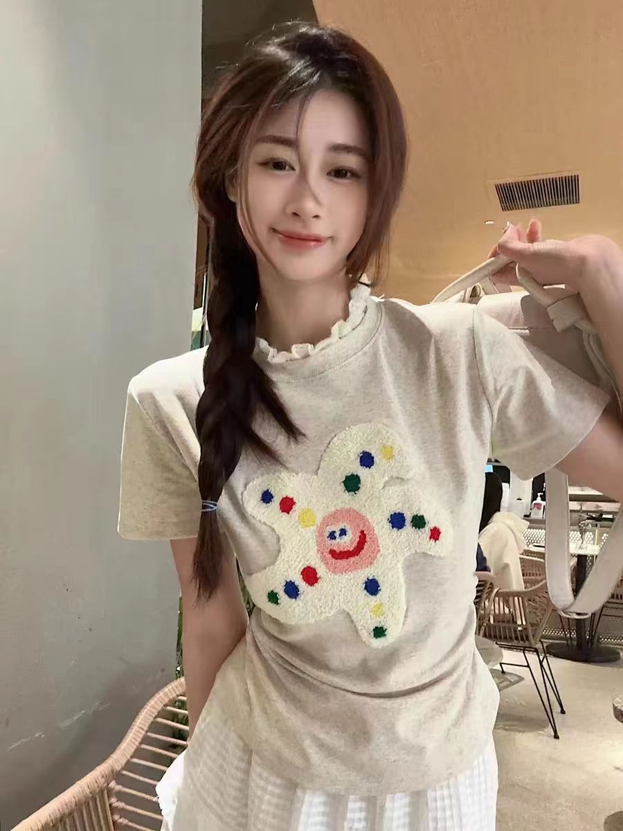 Official picture 40 count pure cotton rib 92 cotton 8 spandex summer new graffiti pattern slim short sleeves