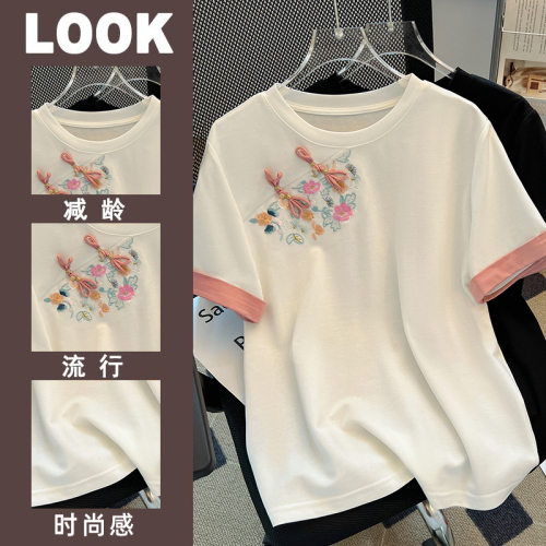 新中式国风白色短袖t恤女2024年新款夏季欧货高级感圆领纯棉上衣