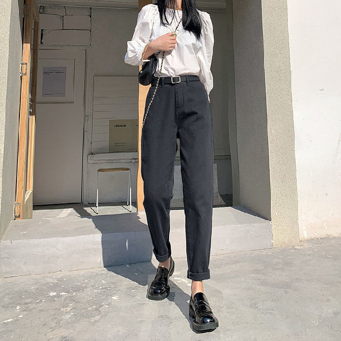 潮流寬鬆牛仔褲哈倫褲女2024新款春秋簡約休閒百搭哈倫蘿蔔牛仔褲