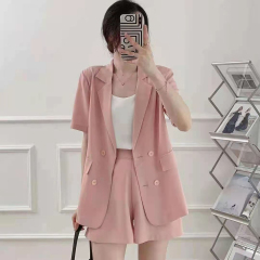Women's Short Sleeve Suit Jacket for Petite Figures - Summer Lightweight High-End Casual Fashion Two-Piece Suit
