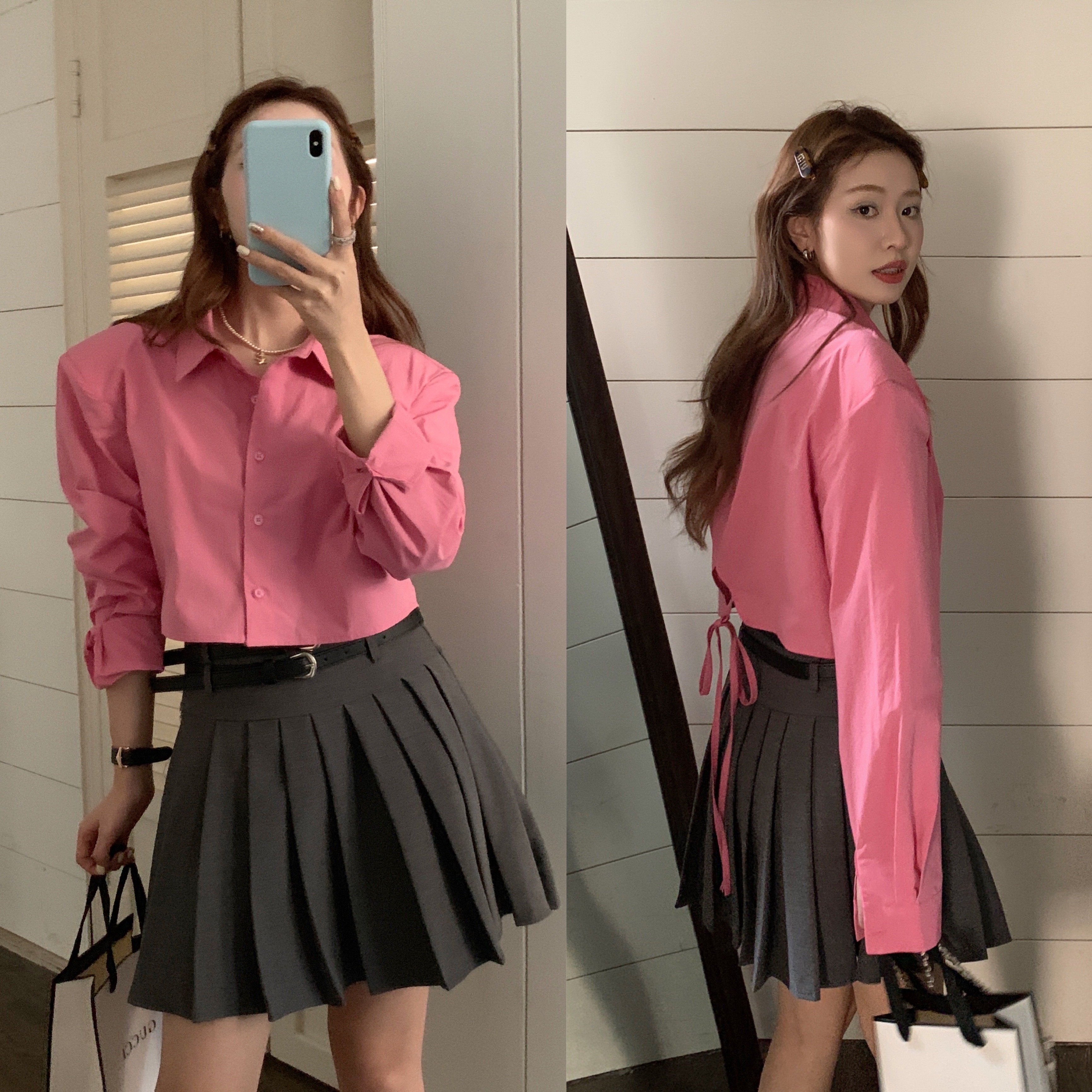 Actual shot. Recommended. The style is super good. Shoulder pad shirt vs. classic all-match skirt suit.