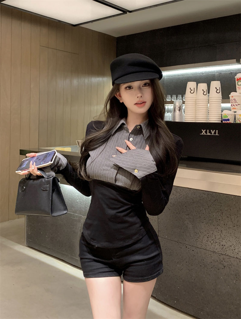 實拍~純欲性感黑灰拼接條紋襯衫上衣