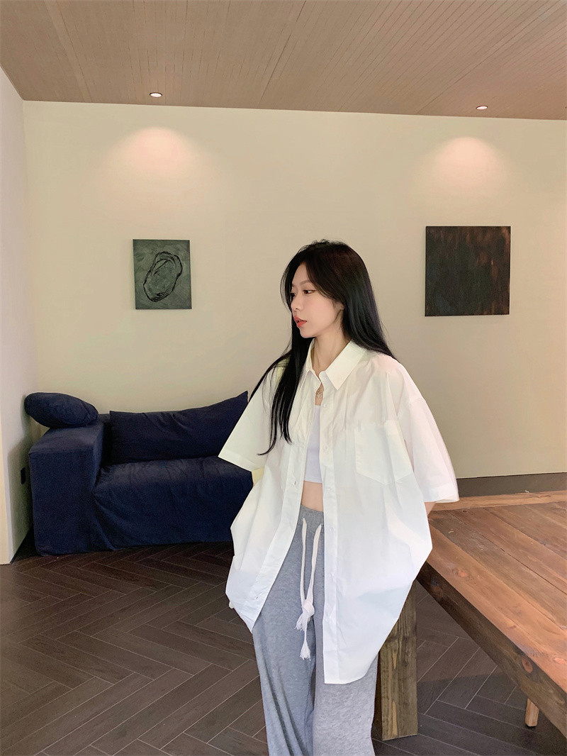 韓版Polo領半袖短袖襯衫女學生夏季慵懶風寬鬆休閒上衣女