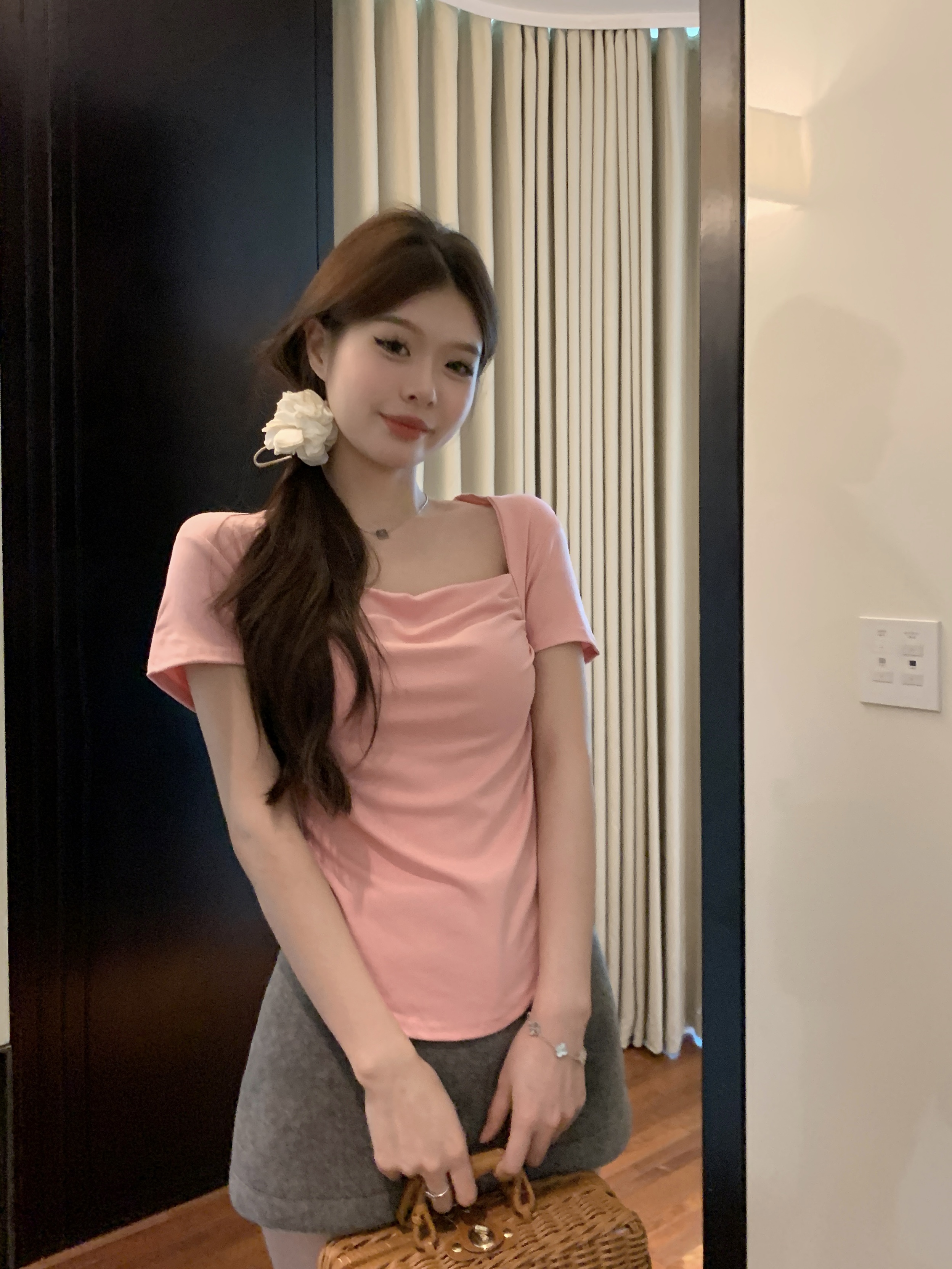 實拍 純欲辣妹方領露鎖骨不規則褶皺小眾短袖T恤上衣