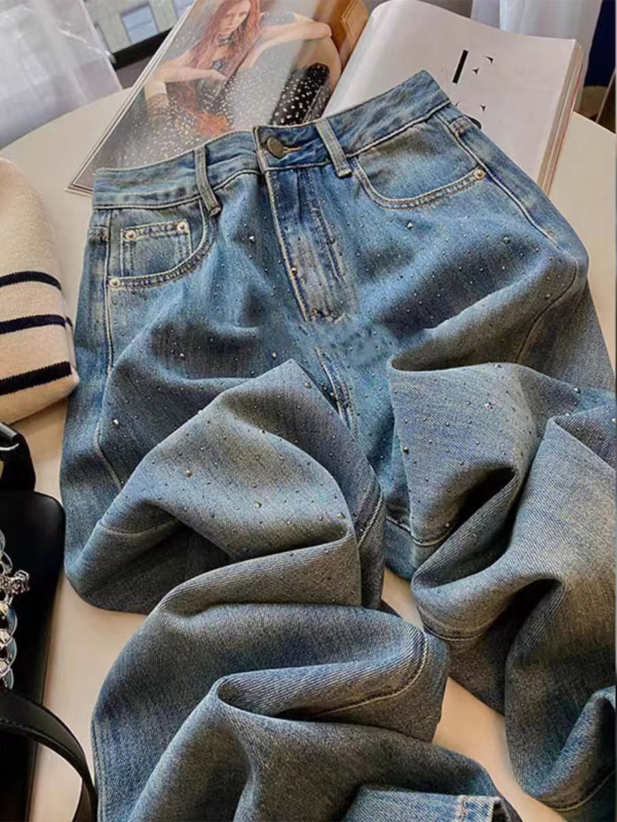 2024早春新款洋氣歐貨潮時髦小個子褲子顯高燙鑽牛仔褲闊腿褲女款