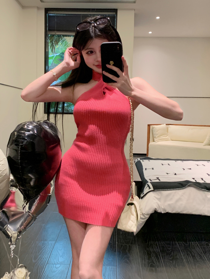 實拍 泰蘭德夏日 多色針織顯瘦連衣裙設計感純欲修身包臀裙女