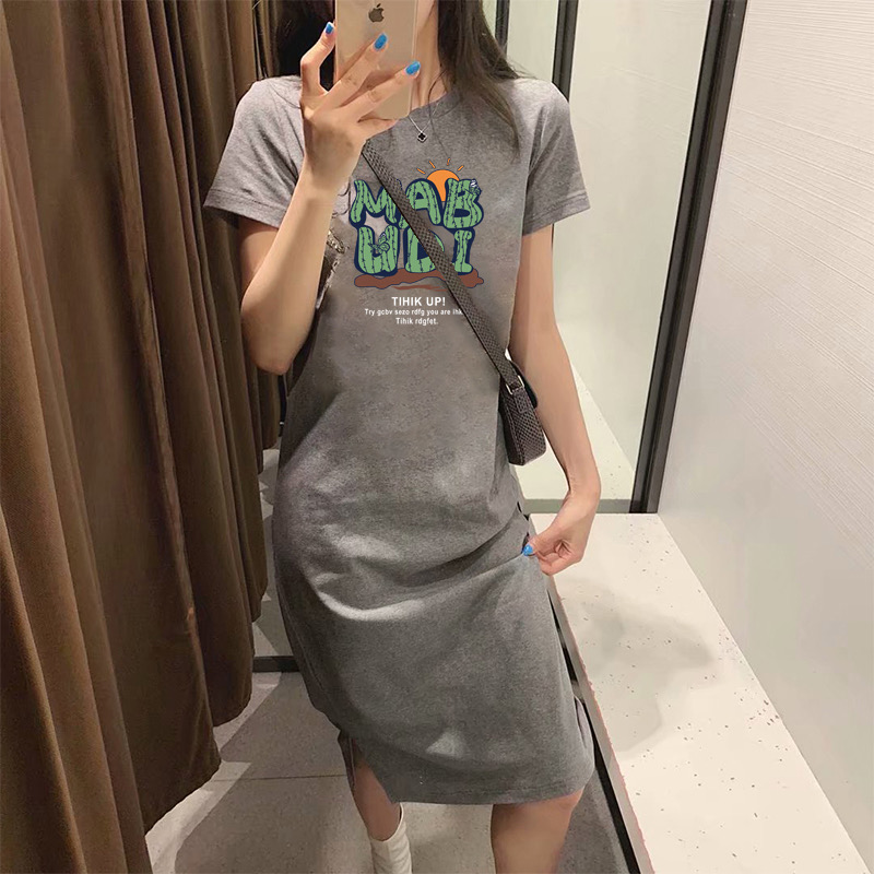 純棉短袖長裙寬鬆休閒過膝t恤裙簡約中長款連衣裙女顯瘦夏季