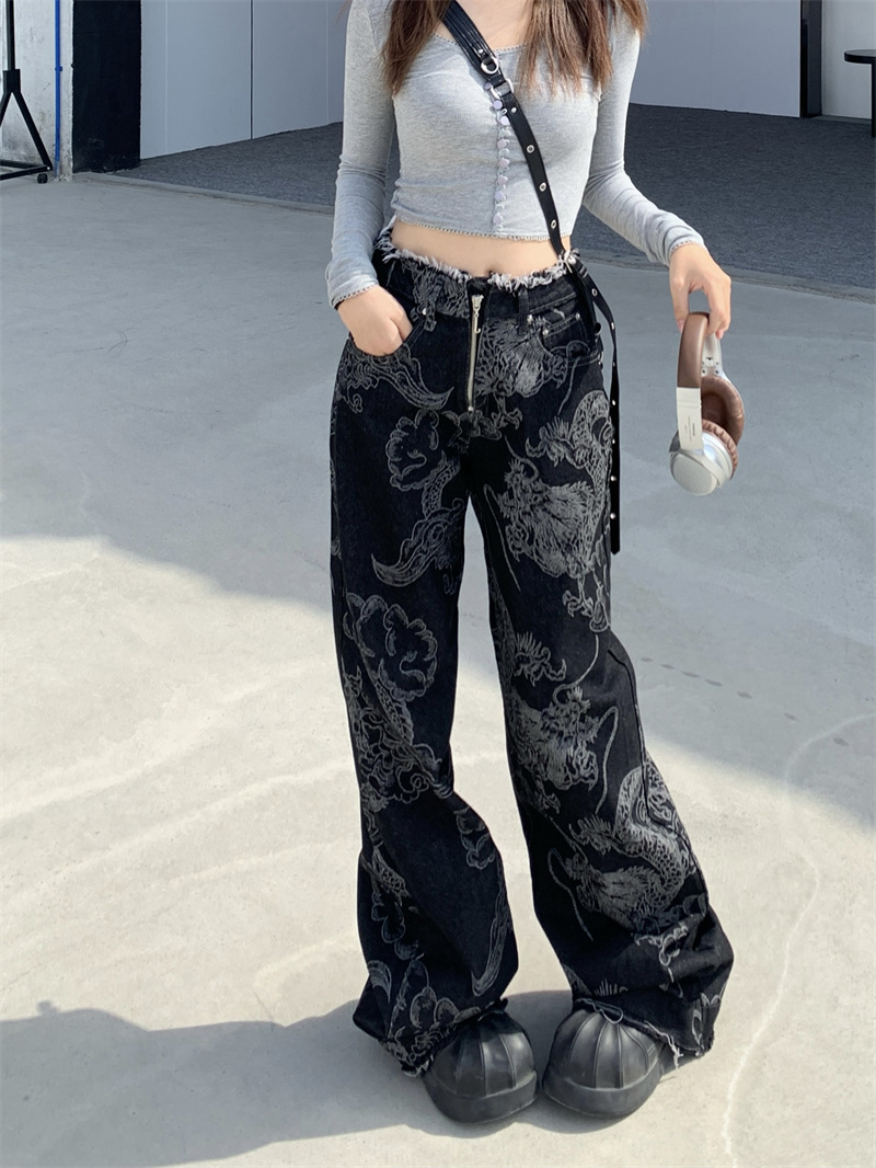 實拍！！！新款設計龍紋印花牛仔褲女高街辣妹寬鬆塗鴉牛仔褲
