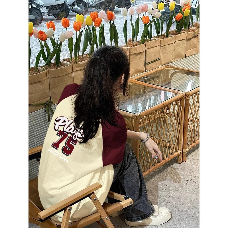 21支精梳純棉後包200克直播品質前後印花寬鬆拼色短袖t恤女