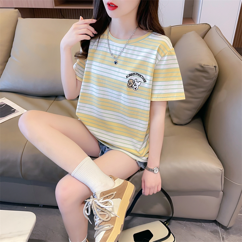 實拍 夏裝韓版寬鬆純棉後包領圓領條紋卡通刺繡大碼短袖T恤女