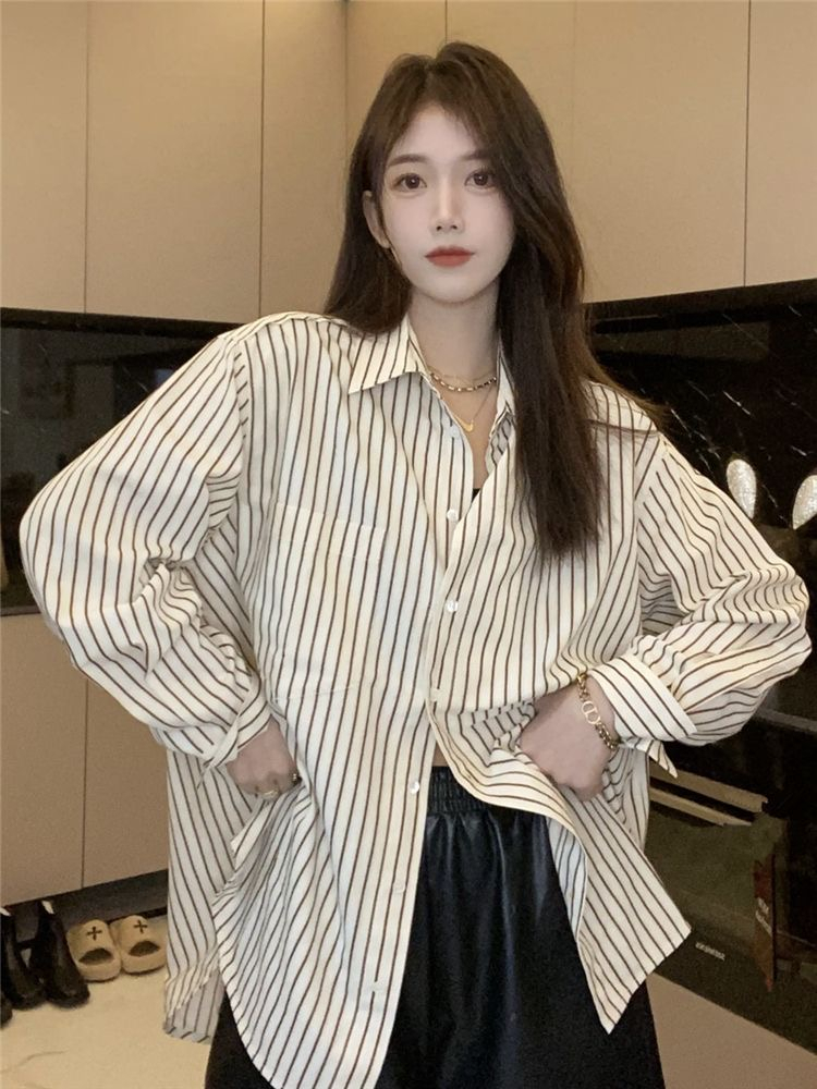 法式復古條紋防曬襯衫女春夏薄款休閒襯衣外套設計感小眾長袖上衣