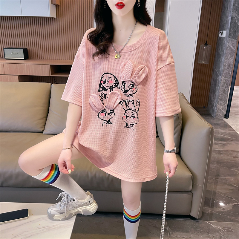 實拍 夏季新款韓版寬鬆後包領華夫格立體卡通大碼短袖T恤女