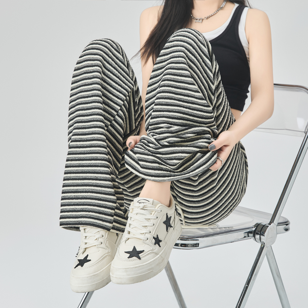 實拍黑白條紋闊腿褲女春季2024新款高腰垂感休閒直筒慵懶毛巾褲