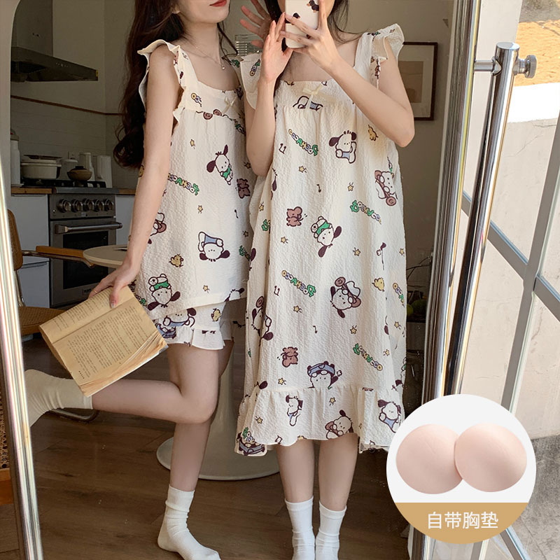 帶胸墊睡衣女夏季2024韓版新款小飛袖皺布家居服套裝甜美可愛網紅