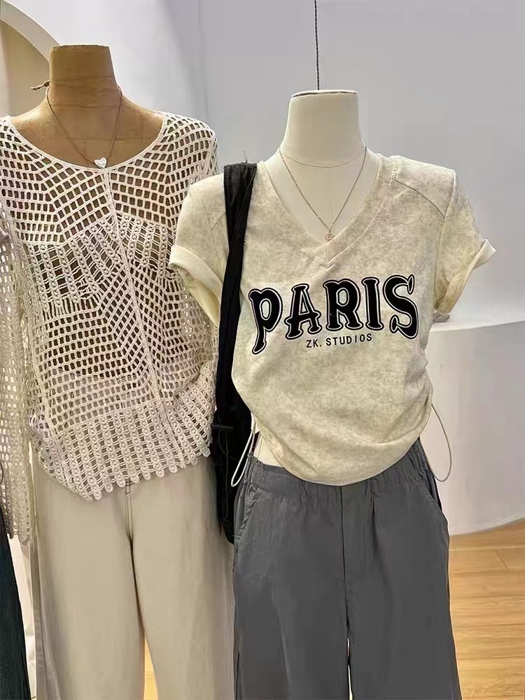 正肩t恤女夏季短袖修身收腰短款美式水洗做舊復古字母v領上衣