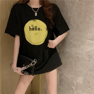 2024 summer new style French versatile smiley face niche T-shirt women's mid-length loose and slim couple tops ins trend