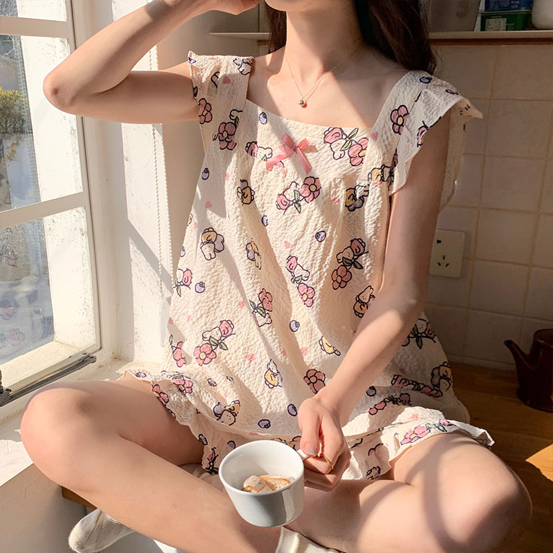 帶胸墊睡衣女夏季2024韓版新款小飛袖皺布家居服套裝甜美可愛網紅