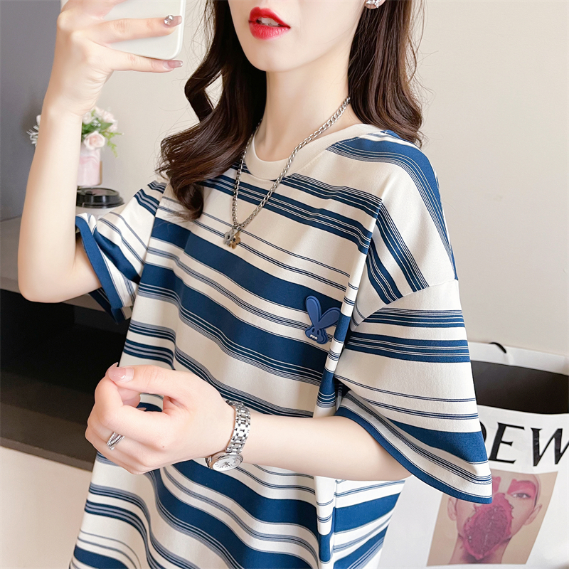 Actual shot of 2024 summer Korean style loose back bag collar striped cartoon embroidery mid-length large size short-sleeved T-shirt for women
