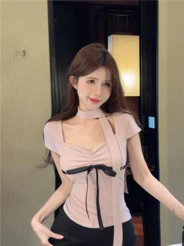 Real shot of pink strappy bow short-sleeved early spring pure desire contrasting color slimming top for women